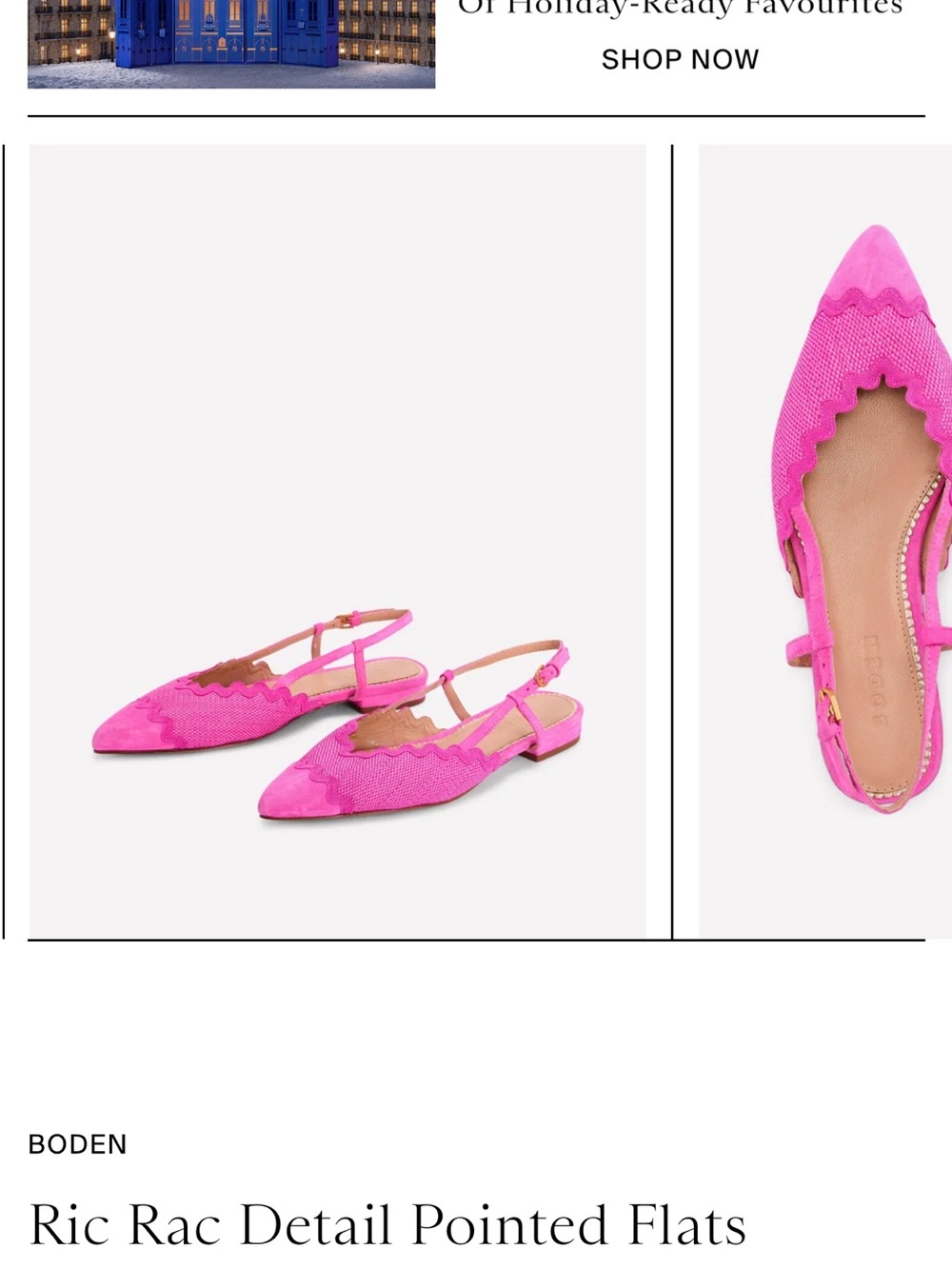 Boden Pointed Slingback Flats in Bright Pink with Ric Rac Trim